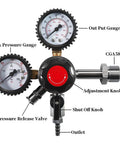 Nitrogen Beer Regulator CGA580 with dual gauge 0 to 100 PSI delivery pressure, includes adjustment knob, shut off knob, and pressure release valve.