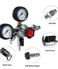 Nitrogen Beer Regulator CGA580 with dual gauge 0 to 100 PSI, showing relief valve and 5ft gas line for draft systems