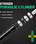 Diagram of nitrogen hydraulic cylinder showcasing stable, silent, and durable operation with labeled components visible.