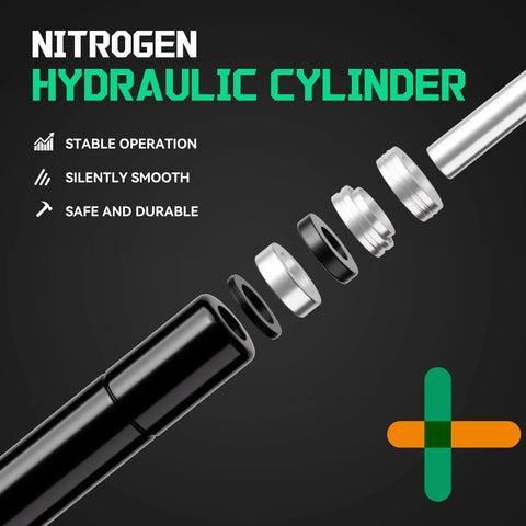 Diagram of nitrogen hydraulic cylinder showcasing stable, silent, and durable operation with labeled components visible.