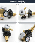 Nitrogen Purge Control Valve Regulator And Flow Meter Hybrid Design, brass body, 500 psi, multiple views, for leak testing and precise control.