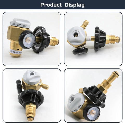 Nitrogen Purge Control Valve Regulator And Flow Meter Hybrid Design, brass body, 500 psi, multiple views, for leak testing and precise control.