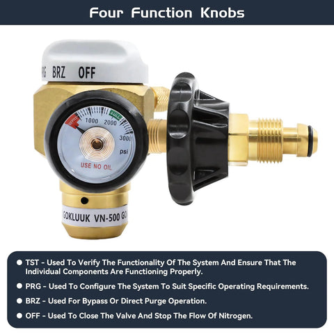 Nitrogen Purge Control Valve Regulator and Flow Meter Hybrid Design for Leak Testing with 500 PSI capacity featuring four function knobs