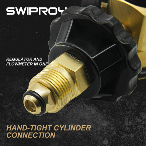 Close-up of Swiproy VN 500 nitrogen purging regulator's brass hand-tight cylinder connection, hybrid design with flowmeter.