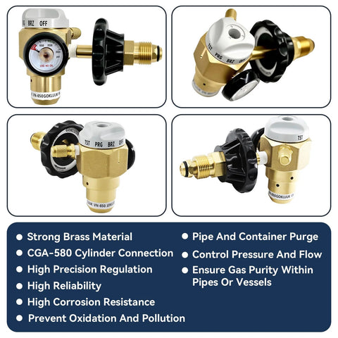 Nitrogen Purging Regulator VN650 With 650 PSI Flow Meter, brass body with quarter-inch male flare outlet and control knob.