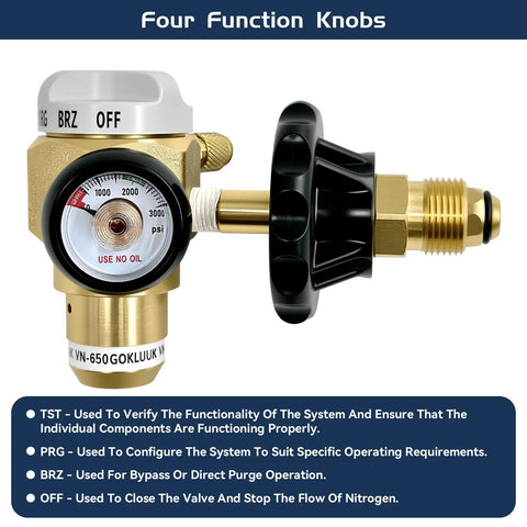 Nitrogen Purging Regulator VN650 With 650 PSI Flow Meter And Hybrid Design, quarter inch male flare outlet, easy flow control knob