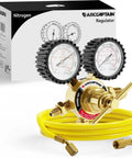 Nitrogen Regulator Kit with 6.6 ft Hose, 0-600 PSI, brass body, two durable gauges, 1/4 inch flare outlet, CGA580 inlet connection.