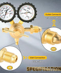 Nitrogen gas regulator HVAC with dual gauges and brass connections