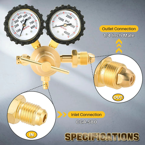 Nitrogen gas regulator HVAC with dual gauges and brass connections