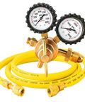 Nitrogen Regulator Kit With Dual Gauges For HVAC And Refrigeration Zero To Eight Hundred Psi Delivery One Quarter Inch Outlet CGA580 Inlet Six Point Five Foot Hose Brass Construction Durable Regulator For Pros And DIY