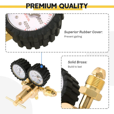 Close-up of Weyleity versatile nitrogen regulator showing solid brass construction and rubber cover, with 0 to 800 PSI gauge.