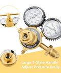 Dual gauge nitrogen regulator with T-style handle for precise pressure adjustments.