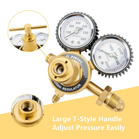 Dual gauge nitrogen regulator with T-style handle for precise pressure adjustments.