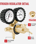Display of Nitrogen Regulator For Welding With 0 To 800 PSI Output CGA580 Inlet Brass Fittings showing gauges and connections