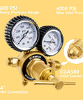 Dual gauge nitrogen regulator with 0-600 PSI delivery pressure, CGA580 inlet, for precise gas control in various applications.