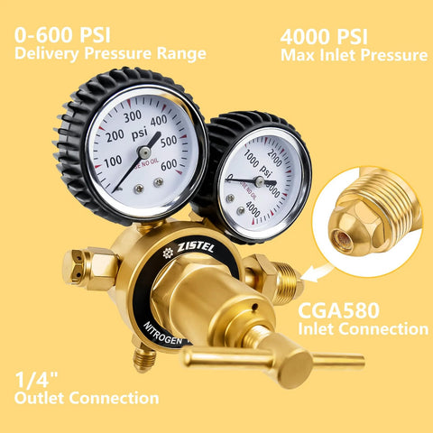 Dual gauge nitrogen regulator with 0-600 PSI delivery pressure, CGA580 inlet, for precise gas control in various applications.