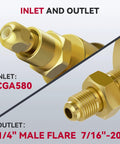 Nitrogen Regulator With A Six Point Six Foot Hose For Easy Pro Grade Gas Delivery From Tanks Zero To Six Hundred PSI Range; CGA580 Inlet and 1/4 Inch Male Flare Outlet showcased, highlighting connection types.