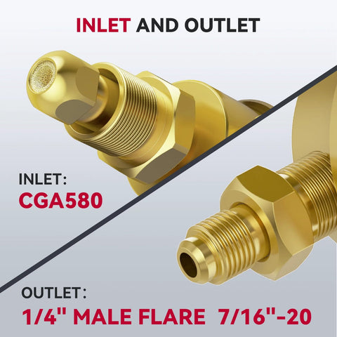 Nitrogen Regulator With A Six Point Six Foot Hose For Easy Pro Grade Gas Delivery From Tanks Zero To Six Hundred PSI Range; CGA580 Inlet and 1/4 Inch Male Flare Outlet showcased, highlighting connection types.