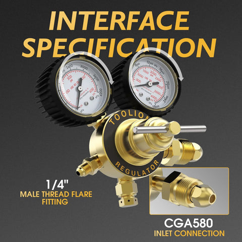 Nitrogen Regulator With Six Foot Seven Inch Hose For TIG MIG Welding CGA580 Inlet Connection with dual pressure gauges and brass fittings.