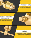Close-up of heavy duty nitrogen regulator HVAC features including precision thread, pressure relief valve, and durable T-handle for adjustments.