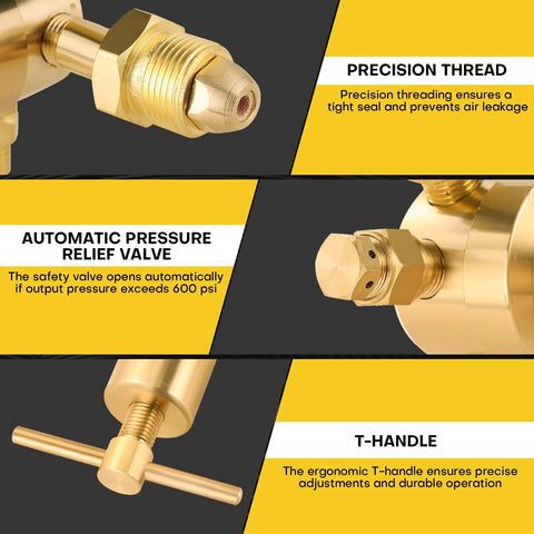 Close-up of heavy duty nitrogen regulator HVAC features including precision thread, pressure relief valve, and durable T-handle for adjustments.