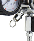 Close-up of nitrogen regulator for draft beer with chrome finish multi stage control for precise output, Kegco compatible gauge.