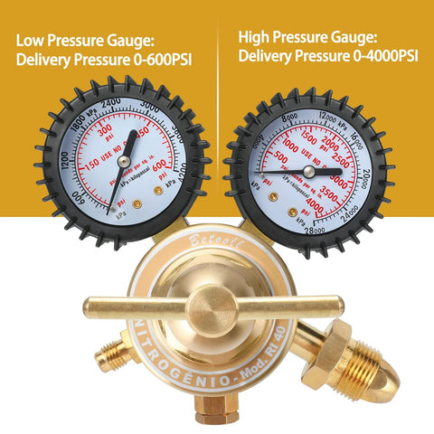 Dual gauge nitrogen regulator kit for welding with 0-600 PSI and 0-4000 PSI brass construction for precise control and safety.