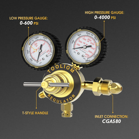Nitrogen Regulator With Six Foot Seven Inch Hose For TIG MIG Welding CGA580 Inlet Connection Low Pressure Gauge 0 To 600 PSI High Pressure Gauge