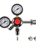 Dual gauge nitrogen regulator for keg systems with CGA-580 fitting and pressure release valve, includes stainless steel clamps.