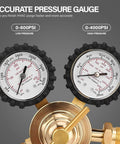 Dual gauges of nitrogen regulator HVAC tool displaying 0-600 PSI and 0-4000 PSI readings for precise gas pressure control and safety.