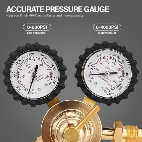 Dual gauges of nitrogen regulator HVAC tool displaying 0-600 PSI and 0-4000 PSI readings for precise gas pressure control and safety.