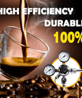 Dual Gauge Nitrogen Regulator CGA580 with espresso being poured, emphasizing high efficiency and durability for draft beer systems.