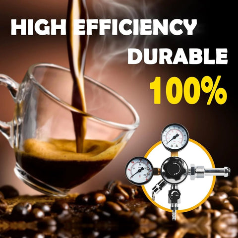 Dual Gauge Nitrogen Regulator CGA580 with espresso being poured, emphasizing high efficiency and durability for draft beer systems.