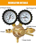 Nitrogen Regulator With 6.6 Ft Hose, 0 to 800 PSI Outlet, clear 2 inch gauge boots, CGA580 inlet, T-shape handle in detail view