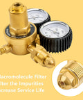 Dual gauge nitrogen regulator with CGA580 inlet and 0-600 PSI delivery, features macromolecule filter for improved service life.