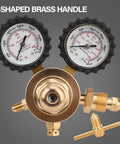 Nitrogen regulator HVAC tool with dual gauges, T-shaped brass handle, ideal for inert gas purging and pressure testing.