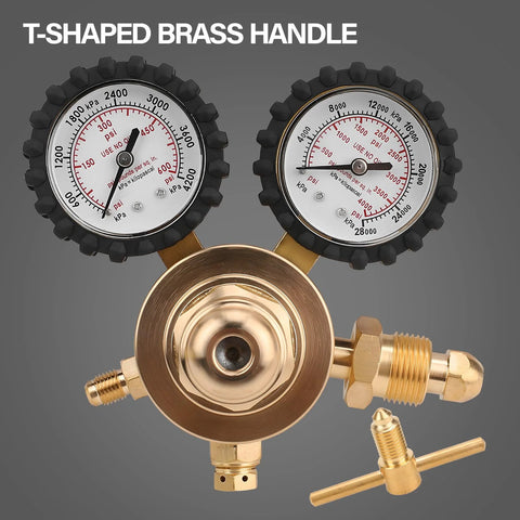 Nitrogen regulator HVAC tool with dual gauges, T-shaped brass handle, ideal for inert gas purging and pressure testing.