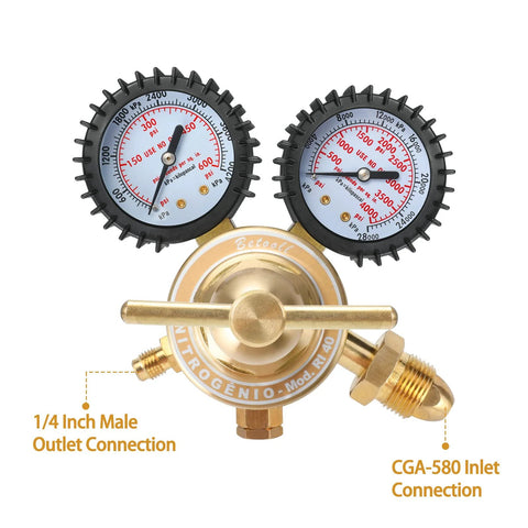 nitrogen regulator kit for welding with dual gauges showing low and high pressure readings, brass construction, and CGA580 inlet connection
