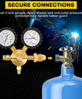 Heavy duty nitrogen regulator HVAC with dual gauges on brass body for secure connections.