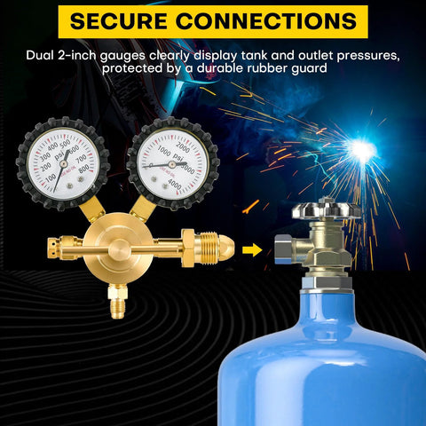 Heavy duty nitrogen regulator HVAC with dual gauges on brass body for secure connections.