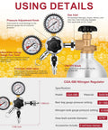 Image illustrating using details for Draft Beer Nitrogen Regulator With Dual Gauges For Nitro Systems 0 To 3500 PSI Tank And 0 To 100 PSI Output CGA580 With Relief Valve 5/16 Inch Outlet Barb Ideal For Beer Kegs Home Brewing Kegerators And Brewpubs.