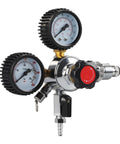 All In One dual gauge nitrogen regulator for keg systems with chrome plated body and pressure release valve.