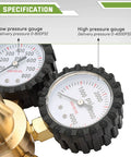 Close-up of Nitrogen Regulator With 0 To 800 PSI Delivery Pressure And Dual Gauges, showing low and high pressure gauge details.