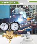 Nitrogen Regulator With 0 To 800 PSI Delivery Pressure And Dual Gauges, CGA580 Inlet, in workshop application with welding.