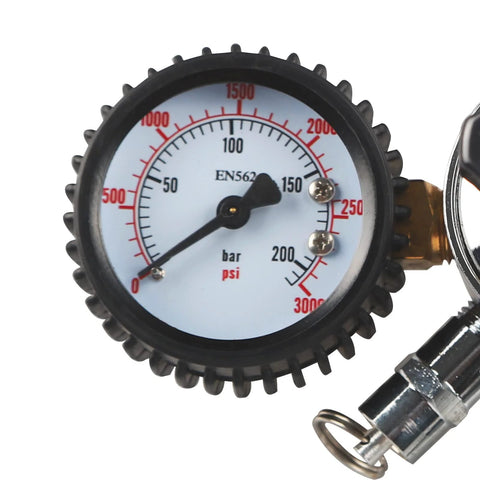 Close-up of dual gauge nitrogen regulator for keg systems showing pressure levels.