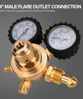 Nitrogen regulator HVAC tool with dual gauges featuring 1/4" male flare outlet connection for pressure testing and purging.