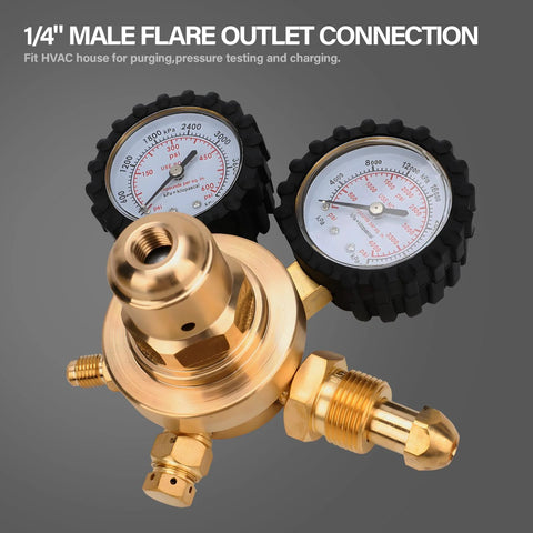 Nitrogen regulator HVAC tool with dual gauges featuring 1/4" male flare outlet connection for pressure testing and purging.