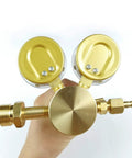 Nitrogen Regulator High Pressure Single Stage Piston Style Forged Brass Body Inlet CGA 580 0 To 4000 Psi Output 0 To 4000 Psi Nine Sixteenths Inch Eighteen Thread Outlet Pro Grade High Flow For Welding Gas Filling And Industrial Use, shown from top view with dual gauges.
