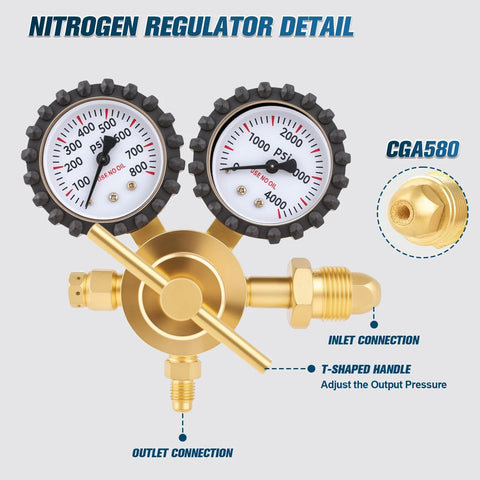 Detailed view of Nitrogen Regulator For HVAC Purging And Leak Testing 0 To 800 PSI Output With CGA580 Inlet And One Quarter Inch Flare Outlet