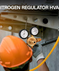 Technician using nitrogen regulator HVAC tool for purging